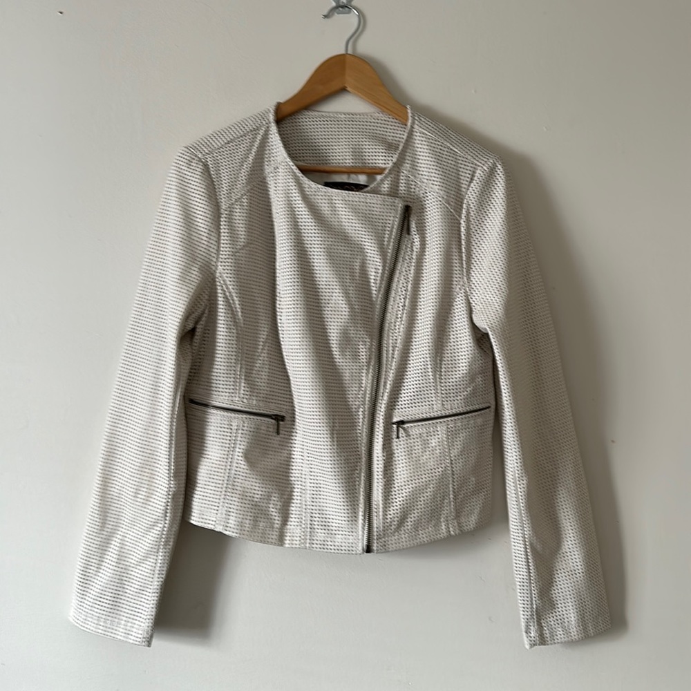 Nancy O’Dell Faux Leather Laser Cut Asymmetric Jacket